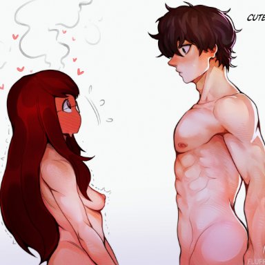 persona, persona 5, persona 5 royal, kasumi yoshizawa, ren amamiya, sumire yoshizawa, yoshizawa kasumi, fluffydango, 1boy, abs, black hair, blush, breasts, completely nude, eye contact