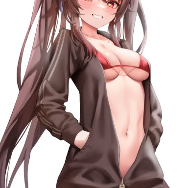 genshin impact, hu tao (genshin impact), rable, bikini, bikini top, breasts, brown hair, jacket, red eyes, small breasts, twintails