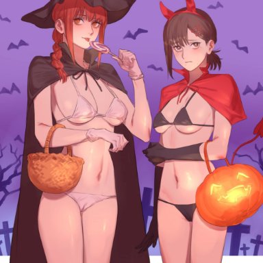 chainsaw man, halloween, shounen jump, higashiyama kobeni, makima (chainsaw man), drive like gesu, kichiemon, 2girls, big breasts, candy, female, female only, light-skinned female, navel, trick or treat