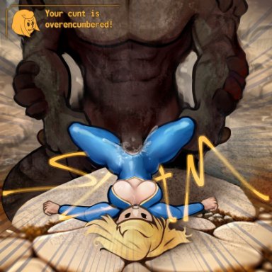 fallout, deathclaw, vault dweller, vault girl, vault meat, zoquete, 1boy, 1girls, big penis, blonde hair, breasts, cum, cum on breasts, nipples, on back