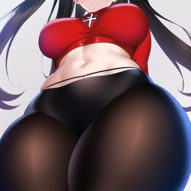 fate/stay night, fate (series), tohsaka rin, nai diffusion, stable diffusion, 1girls, alternate breast size, belly button, black hair, blue eyes, breasts, female, fully clothed, hips, large breasts