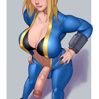 fallout, vault girl, crocodilchik, 1futa, abs, balls under clothes, big breasts, big penis, blonde hair, blue eyes, boots, bra, breasts, clothed, clothing