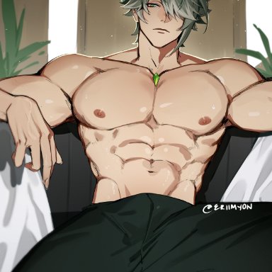 genshin impact, al-haitham, eriimyon, 1boy, abs, biceps, daddy, dilf, erection, erection under clothes, green eyes, green hair, hair over one eye, male, male only