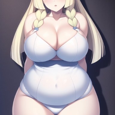 nintendo, pokemon, pokemon sm, lillie (pokemon), nai diffusion, stable diffusion, 1girls, alternate eye color, belly, big breasts, blonde hair, blue eyes, breasts, chubby, chubby female