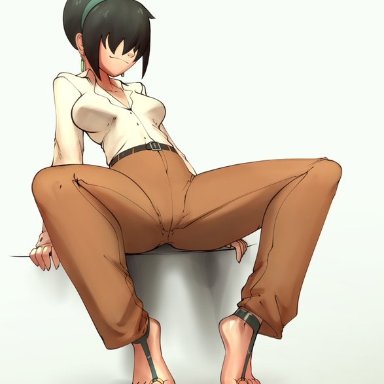 avatar the last airbender, toph bei fong, mr.jellybeans, 1girls, adult, aged up, arm support, asian female, barefoot, belt, blind, blouse, breasts apart, button down shirt, cameltoe