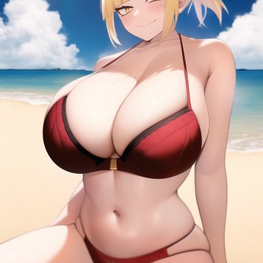 my hero academia, himiko toga, nai diffusion, stable diffusion, 1girls, big breasts, bikini, blonde hair, blunt bangs, blush, breasts, collarbone, crazy eyes, curvy, double bun