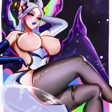 league of legends, morgana, star nemesis morgana, merellyne, 1girls, arms up, big breasts, hair ornament, looking at viewer, nipples, partially clothed, sitting, solo, thick thighs, topless