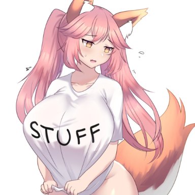 fate/extra, fate/grand order, fate (series), tamamo no mae (fate), jifuwabe, 1girls, blush, breasts, brown fur, embarrassed, female, fluffy ears, fluffy tail, fox ears, fox girl