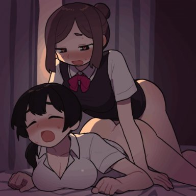 original, bineya, 1futa, 1girls, bed, black hair, blush, bottomless, breast press, breasts, brown hair, closed eyes, clothed, clothed sex, clothes