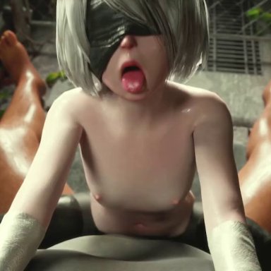 nier, nier: automata, nier (series), square enix, yorha 2b, kaogum, 1boy, 1boy1girl, 1girls, ambient bird, areolae, bare shoulders, blindfold, breasts, breasts out