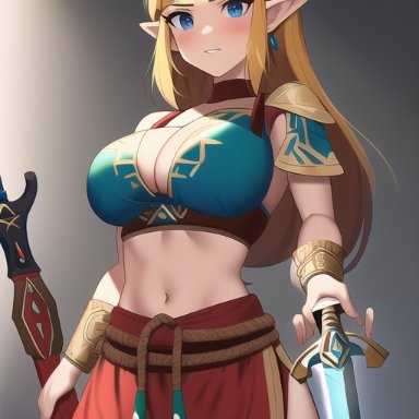 the legend of zelda, princess zelda, zelda (a link between worlds), nai diffusion, stable diffusion, 1girls, big breasts, blush, blushing, breasts, choker, looking at viewer, master sword, shoulder pads, skirt