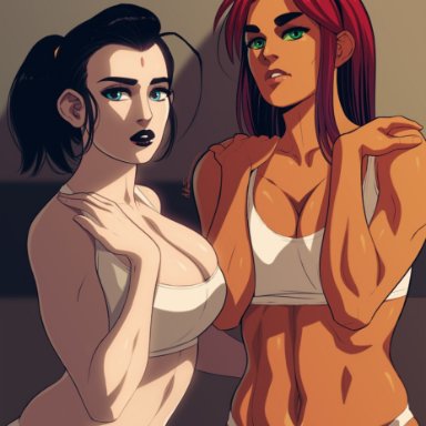 dc, dc comics, teen titans, koriand'r, rachel roth, raven, starfire, triplexmile, 2girls, blue eyes, cleavage, forehead jewel, green eyes, large breasts, looking at viewer