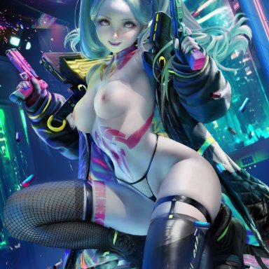 cd projekt red, cyberpunk: edgerunners, cyberpunk 2077, studio trigger, rebecca (edgerunners), sakimichan, 1girl, 1girls, armed, cyborg, detailed background, female, female only, fishnets, green skin