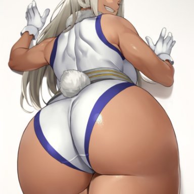 my hero academia, miruko, ishigaki takashi, 1girls, animal ears, ass, ass focus, back, blue thighhighs, bunny ears, bunny tail, dark-skinned female, dark skin, female, female only