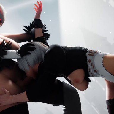 nier: automata, nier (series), yorha 2b, amateurthrowaway, 1futa, 1girls, audible creampie, balls, big breasts, blowjob, breasts, clone, corruption, cum, cum in mouth