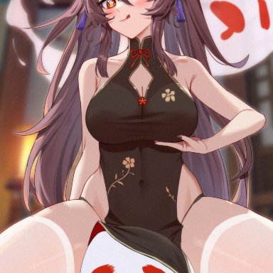 genshin impact, hu tao (genshin impact), 1girls, big breasts, blush, breasts, china dress, cleavage, female, ghost, happy, sitting, smile, spread legs, thick thighs