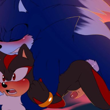 sonic (series), shadow the hedgehog, sonic the hedgehog, sonic the werehog, krazyelf, anal, anal sex, anthro, balls, furry, gay, gay sex, male, penis, size difference