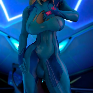 metroid, samus aran, zero suit samus, stalkek, 1futa, breasts, bulge, erection, erection under clothes, futa only, futanari, huge breasts, huge cock, hung futanari, large testicles