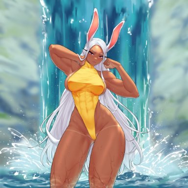 my hero academia, miruko, rumi usagiyama, calad g, 1girls, arm behind head, bunny ears, dark-skinned female, dark skin, female, female only, in water, long hair, looking at viewer, muscular male