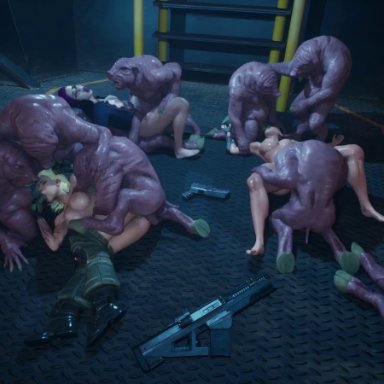 wildlife (video game), locoraptus, 3girls, alien, anal, anal penetration, blonde hair, blowjob, blue hair, boots, breasts, corkscrew position, cunnilingus, defeated, defeated heroine