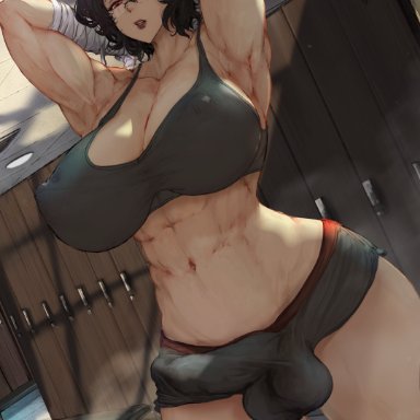 original, original character, ikeartrellatab, 1futa, abs, armpits, arms behind head, arms up, balls, big balls, big breasts, big penis, black hair, breasts, bulge through clothing