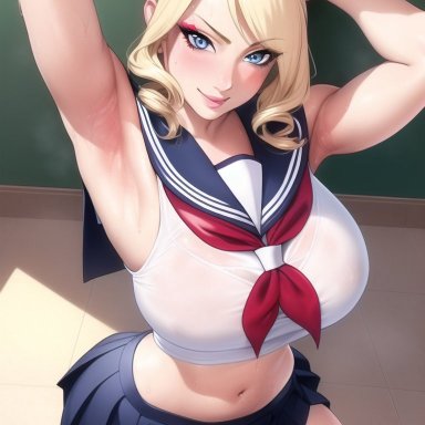 queen dee (character), nai diffusion, queen dee, stable diffusion, 1girls, armpit fetish, armpits, arms up, athletic, athletic female, belly, big breasts, blonde hair, blue eyes, breasts