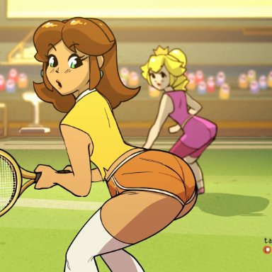 mario (series), mario tennis, nintendo, princess daisy, princess peach, shy guy, tail-blazer, 2girls, ass, ass expansion, ass focus, big ass, big butt, big thighs, blonde hair