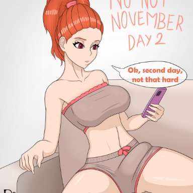 no nut november, allison (rasdor33), original character, rasdor33, 1futa, bare shoulders, big breasts, big penis, breasts, bulge through clothing, clothed, clothing, couch, erection, fully clothed