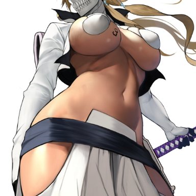 bleach, arrancar, tia harribel, yoshio (55level), 1girls, aqua eyes, bangs, belt, blonde hair, breasts, cropped jacket, crossed bangs, dark-skinned female, dark skin, eyelashes