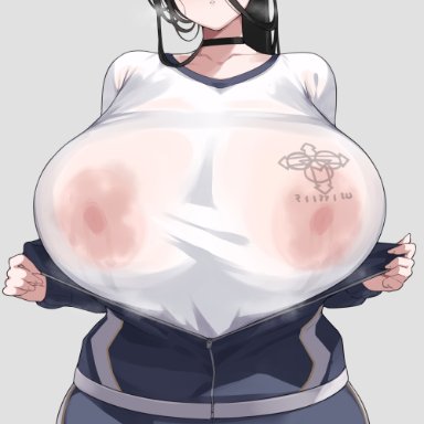 blue archive, hasumi (blue archive), cham22, 1girls, black hair, blush, breasts, choker, female, gym clothes, halo, heavy breathing, hips, huge breasts, large areolae