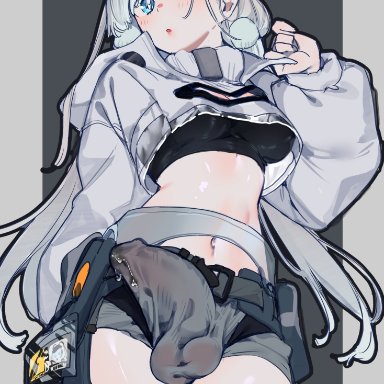 arknights, aurora (arknights), mirin chikuwa, 1futa, animal ears, balls, bear ears, bear girl, big penis, black hairband, black shirt, blue eyes, breasts, bulge, clothed