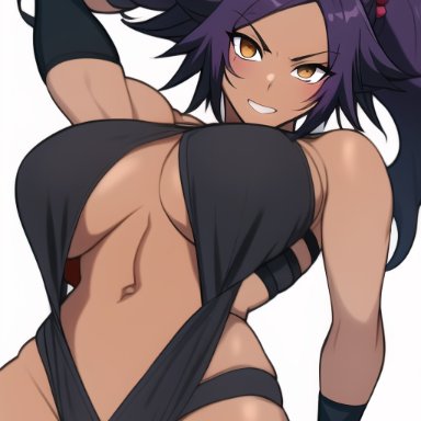 bleach, shihouin yoruichi, nai diffusion, stable diffusion, 1girls, alternate hairstyle, arm behind head, big breasts, breasts, brown eyes, busty, dark-skinned female, female, female only, large breasts