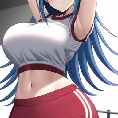 danganronpa, danganronpa: trigger happy havoc, maizono sayaka, nai diffusion, stable diffusion, arms up, blue eyes, blue hair, boxing ring, buruma, gym, gym uniform, hair ornament, huge breasts, looking at viewer