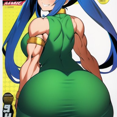 fairy tail, wendy marvell, nai diffusion, stable diffusion, aged up, armlet, bent over, blue hair, brown eyes, green dress, huge ass, large breasts, looking back, muscular, muscular back