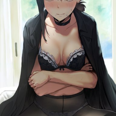 chainsaw man, higashiyama kobeni, black eyes, black hair, blush, breasts, lingerie, looking at viewer, nervous, nervous smile, pantyhose, see-through clothing, sweatdrop, sweating, white panties