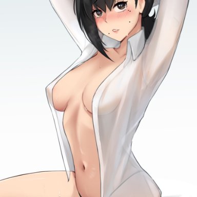 chainsaw man, shounen jump, higashiyama kobeni, hioyami, 1girls, blush, breasts, embarrassed, female, female only, light-skinned female, open clothes, panties, see-through, see-through clothing