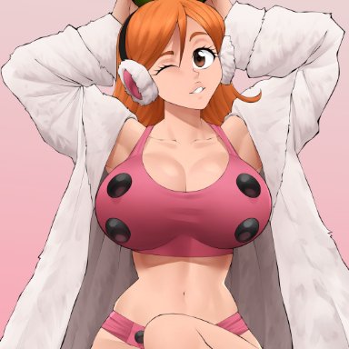 bleach, inoue orihime, flytrapxx, 1girls, arms up, bare shoulders, blinking, boots, breasts, cleavage cutout, clothing cutout, curvy, earmuffs, earphones, female focus