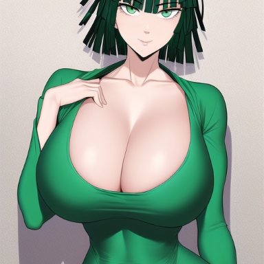 one-punch man, fubuki (one-punch man), nai diffusion, stable diffusion, 1girls, bangs, bare shoulders, belly, belly button, big breasts, breast squish, breasts, busty, cleavage, clothed