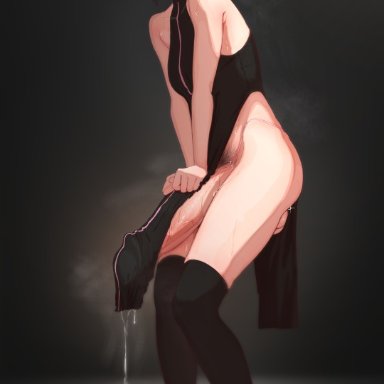 original, tontekiss, 1futa, ass, black background, black hair, black thighhighs, blush, bottomless, breasts, clothed, clothing, covered penis, erection, erection under clothes