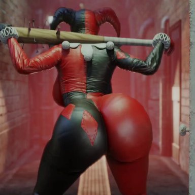 batman: arkham knight, batman (series), dc, harley quinn, harley quinn (classic), kishi, 1girl, ass, ass focus, ass shake, big ass, big breasts, big butt, bodysuit, bottom heavy