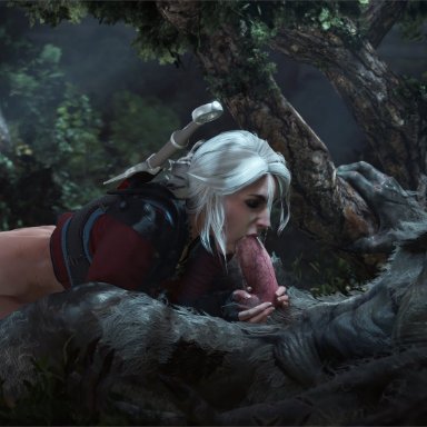 the witcher (series), ciri, athazel, 1boy, 1girl, 1girl1boy, 1girls, anthro, anthro on human, ass, ass up, beast, blowing, blowjob, blowjob face