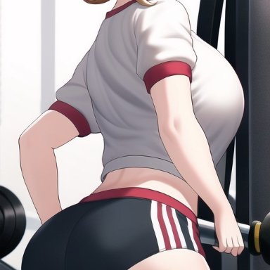 danganronpa, danganronpa: trigger happy havoc, fujisaki chihiro, nai diffusion, stable diffusion, ass, buruma, gym, gym uniform, large breasts, looking back, midriff, thighs, ai generated