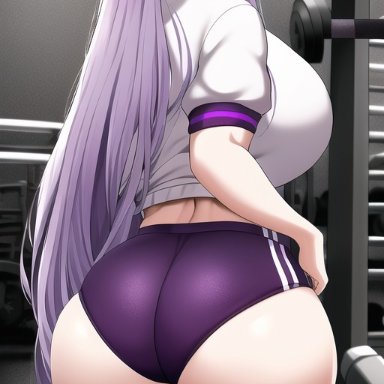 danganronpa, danganronpa: trigger happy havoc, kirigiri kyouko, nai diffusion, stable diffusion, buruma, gym, gym uniform, huge ass, huge breasts, looking at viewer, looking back, midriff, purple eyes, purple hair