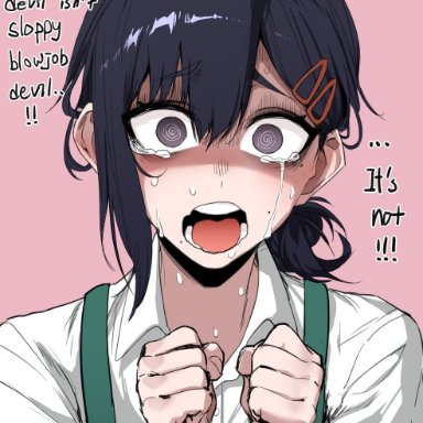 chainsaw man, shounen jump, higashiyama kobeni, j.k., 1girls, blush, embarrassed, female, female only, imminent fellatio, imminent oral, imminent sex, nervous, pov, sloppy blowjob devil