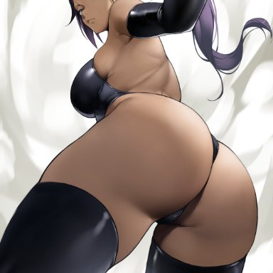 bleach, shihouin yoruichi, yoshi55level, 1girls, armpits, ass, ass focus, black gloves, black leotard, breasts, closed mouth, dark-skinned female, dark skin, elbow gloves, female