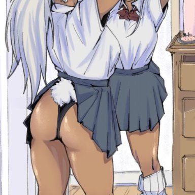 my hero academia, miruko, rumi usagiyama, utoxrjimlx8x49s, 1girls, adjusting hair, animal ears, arms behind head, arms up, ass, bangs, black panties, bow, breasts, clothing cutout