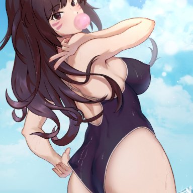 overwatch, d.va, hana song, nsfw oa, 1girls, asian, asian female, ass, beach, blowing bubblegum, breasts, brown eyes, brown hair, bubble butt, competition swimsuit