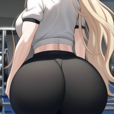 danganronpa, danganronpa 2: goodbye despair, sonia nevermind, nai diffusion, stable diffusion, blonde hair, gym, gym uniform, hair ribbon, huge ass, large breasts, long hair, looking at viewer, looking back, midriff