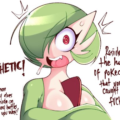 nintendo, pokemon, gardevoir, pok&#233;mon (species), saltyxodium, 1girls, anthro, breasts, chest spike, female, green hair, hair over one eye, large breasts, looking at viewer, open mouth