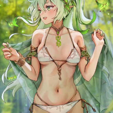 genshin impact, nahida (genshin impact), foxyrain, foxyreine, 1girls, aged up, belly button, bikini, butterfly, female, forest, green eyes, green hair, light-skinned female, light skin